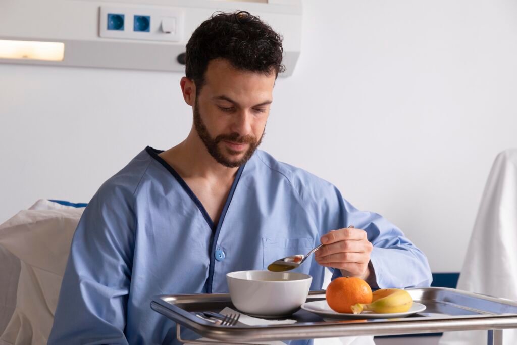 Diet after laparoscopic hernia surgery with patient recovery and healthy food concept