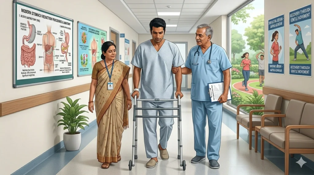Bariatric surgery recovery care showing patient walking and following post surgery guidelines for faster healing