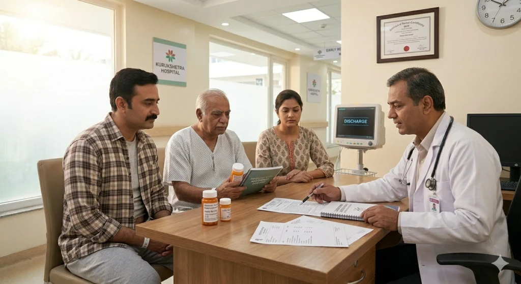 Doctor providing discharge and recovery instructions after laparoscopic surgery hospital stay.
