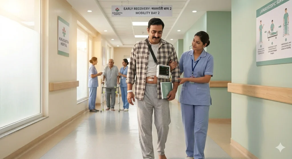 Patient walking after laparoscopic surgery to improve recovery and circulation during hospital stay