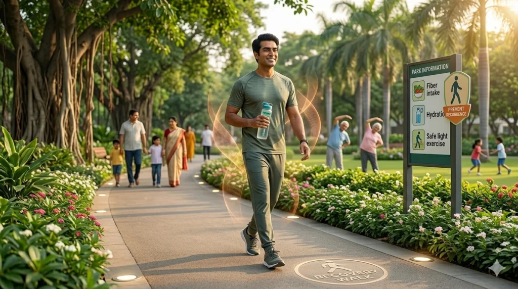 Healthy lifestyle habits like walking and weight management help prevent hernia recurrence after surgery.