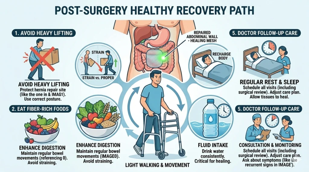 Hernia recurrence prevention tips including healthy lifestyle proper recovery and avoiding heavy lifting