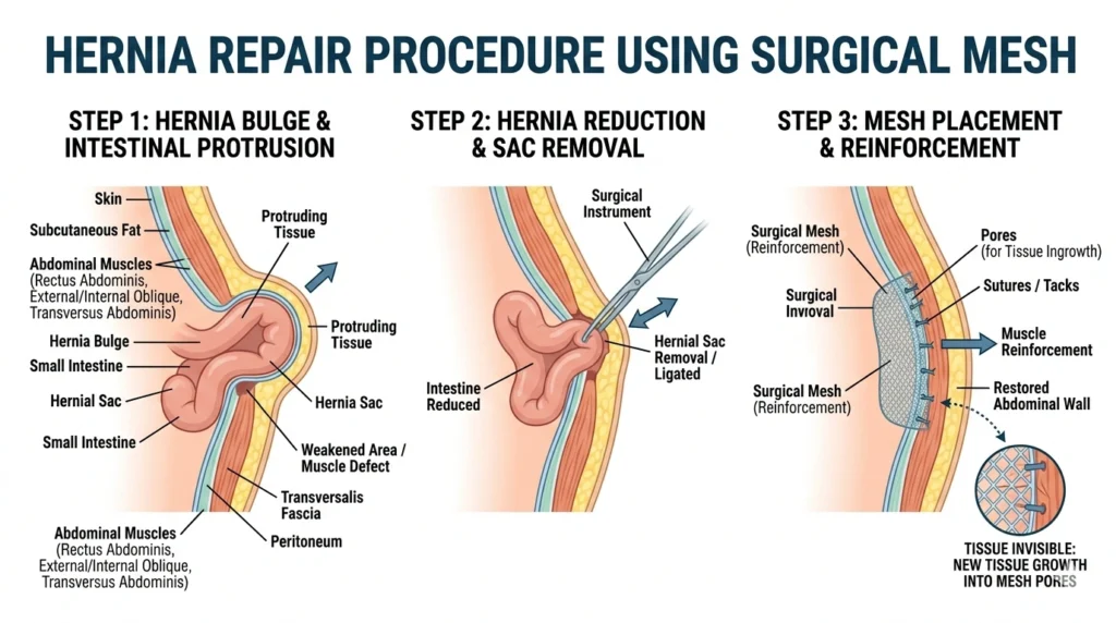 Hernia repair surgery showing laparoscopic and open procedure with surgical mesh placement