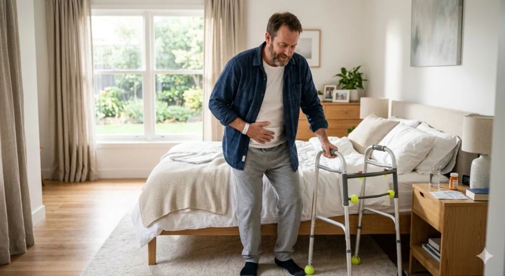 Patient recovering safely after hernia surgery with proper post-operative care and abdominal support.