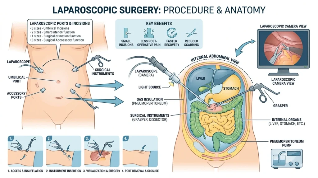 Post laparoscopic surgery warning signs like pain swelling fever and need for medical consultation