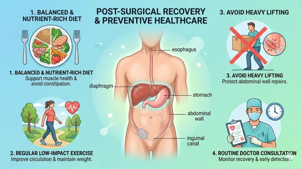 Prevention tips after hernia surgery including lifestyle changes and post operative care for better recovery