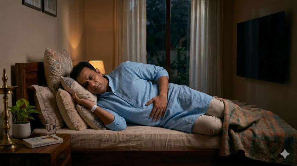 Sleep discomfort after hernia surgery due to pain swelling and abdominal muscle tightness