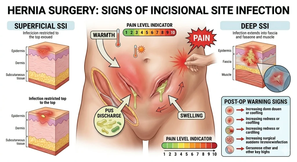 Visual representation of infection symptoms after hernia surgery such as swelling, discharge, redness, and pain.