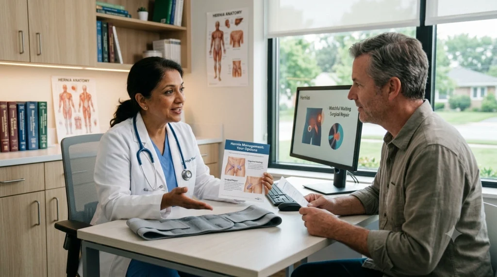 Doctor explaining why surgery is the only permanent treatment for a hernia.