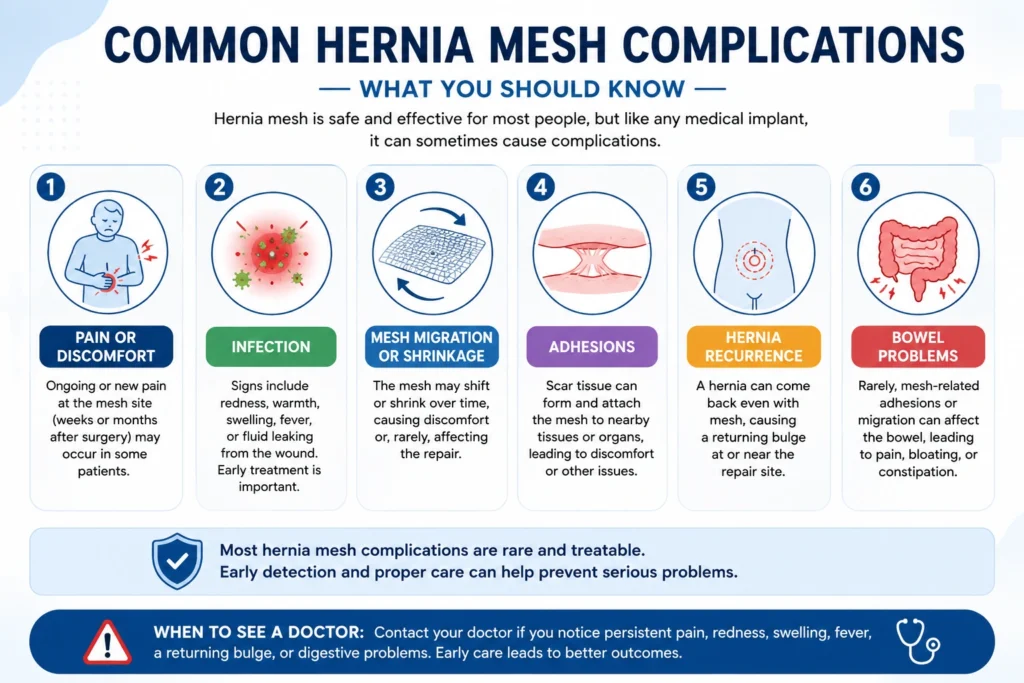 Infographic showing common hernia mesh complications and warning signs.