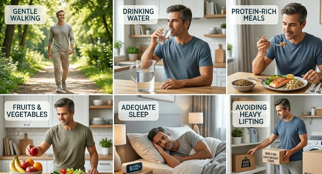 Healthy recovery habits after hernia surgery including walking, hydration, nutrition, and rest.