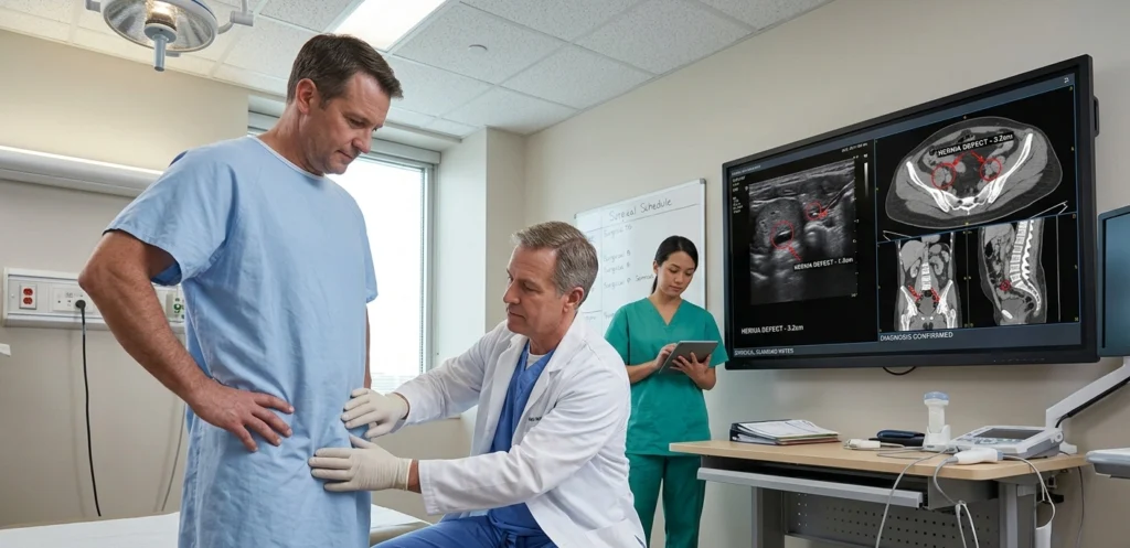 Doctor diagnosing a hernia through physical examination and medical imaging tests.
