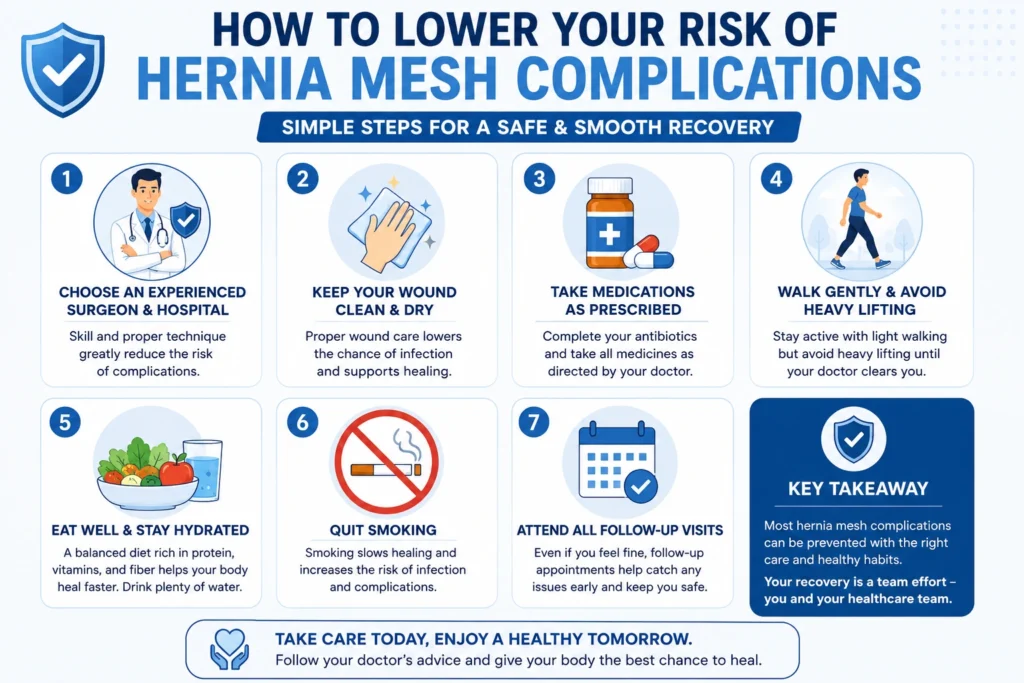 Prevention tips to reduce the risk of hernia mesh complications after surgery.