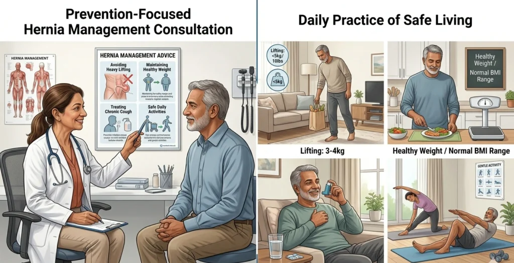 Patient taking precautions to prevent a hernia from worsening before surgical treatment.