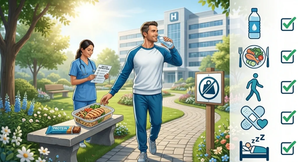 Essential recovery tips after hernia surgery including walking, healthy eating, hydration, and proper wound care.