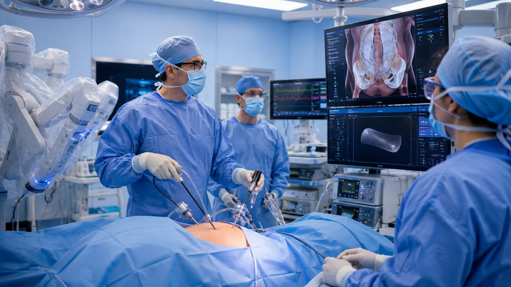 Laparoscopic surgery performed to treat hernia mesh complications, including mesh infection, migration, and hernia recurrence with minimally invasive techniques.