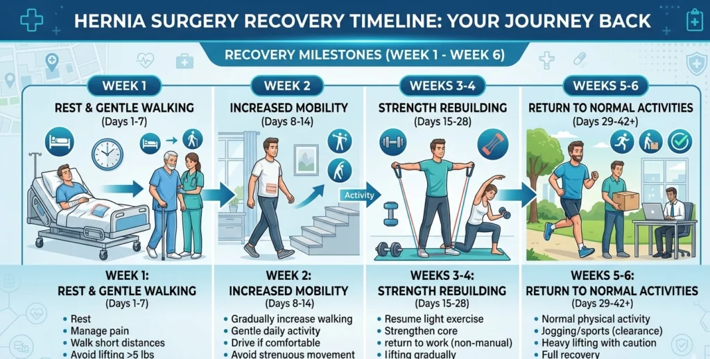 Week-by-week hernia surgery recovery timeline showing healing stages from week one through week six.