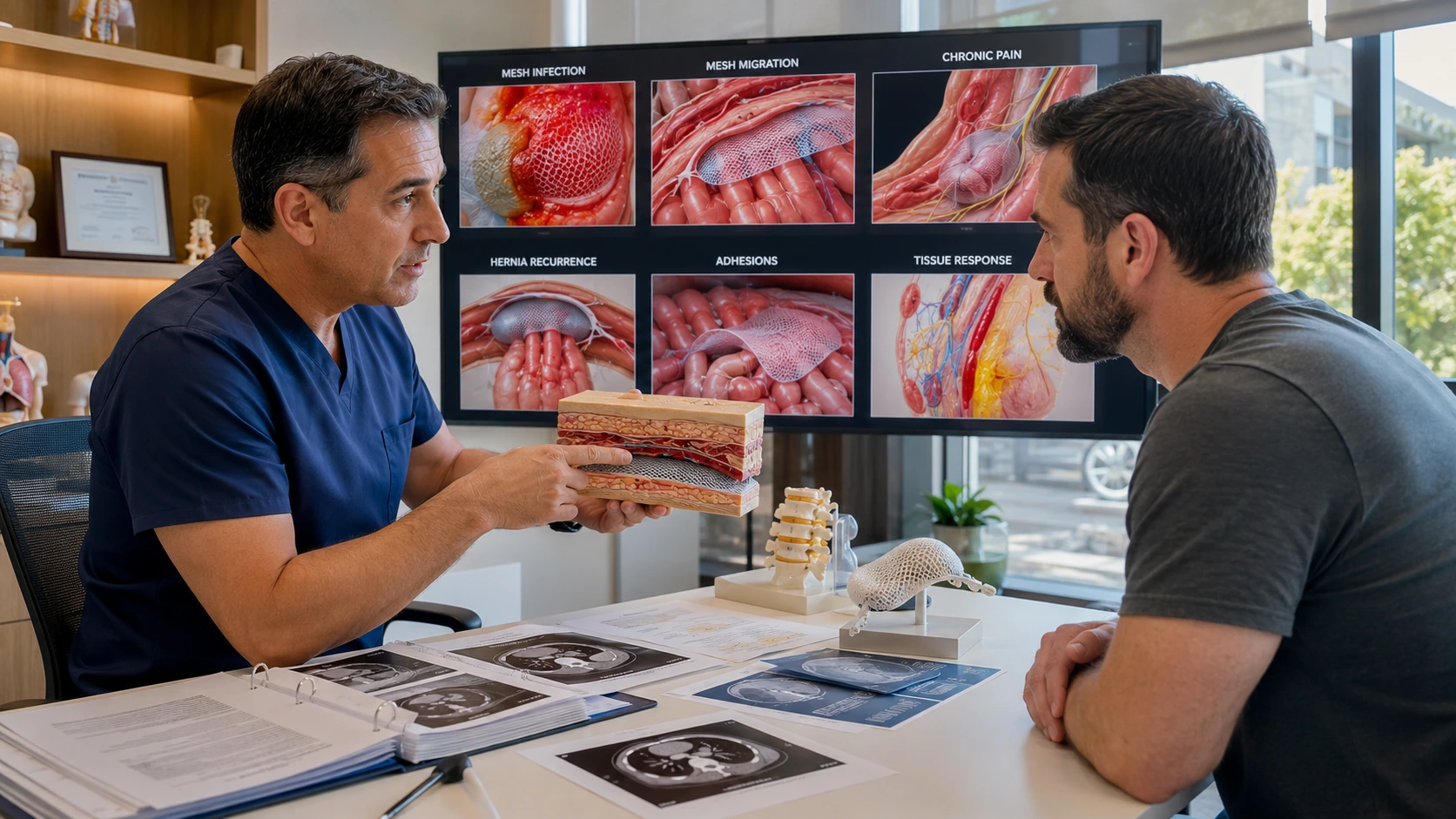 Hernia mesh complications explained by a gastrointestinal surgeon using a 3D abdominal model during a patient consultation.