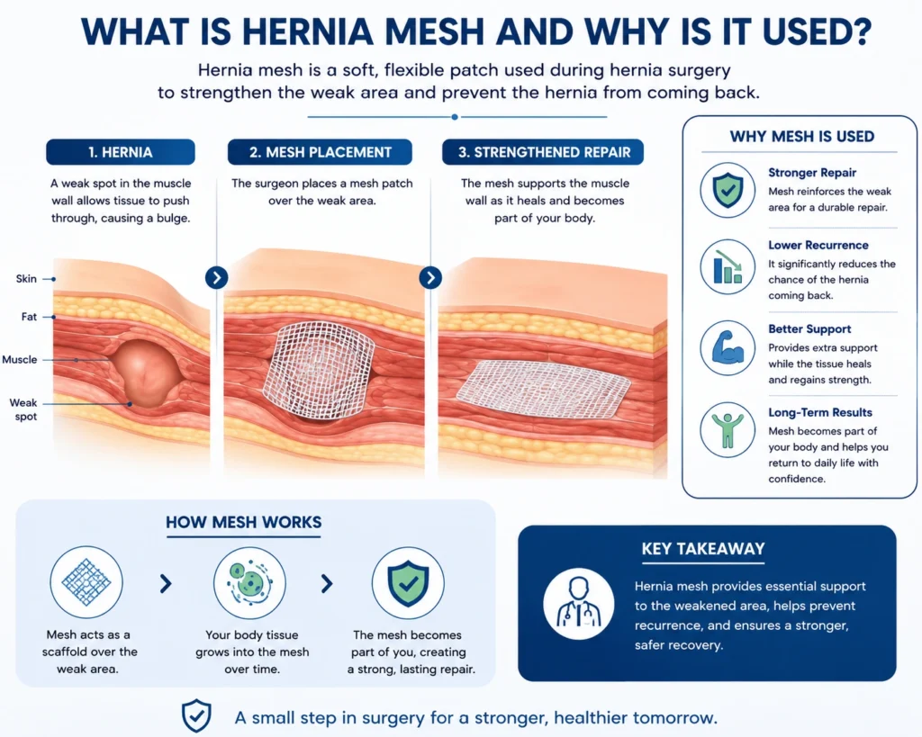 Illustration showing how hernia mesh strengthens a weakened abdominal wall.
