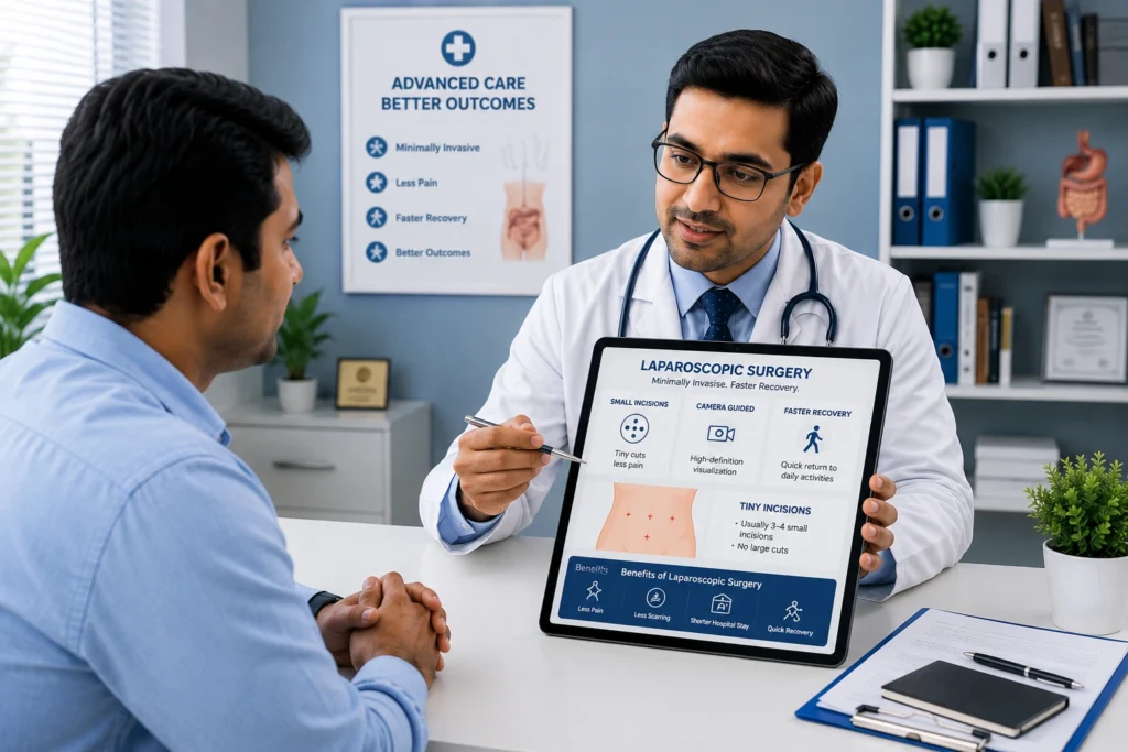 Doctor explaining laparoscopic surgery and minimally invasive treatment to a patient.