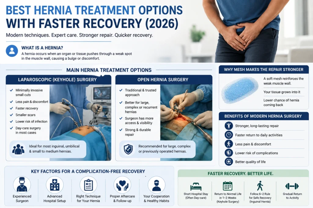 Medical illustration explaining how a hernia develops through a weakened muscle wall.