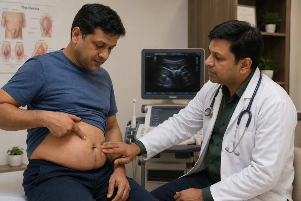 Doctor examining patient with suspected hernia during clinical consultation.