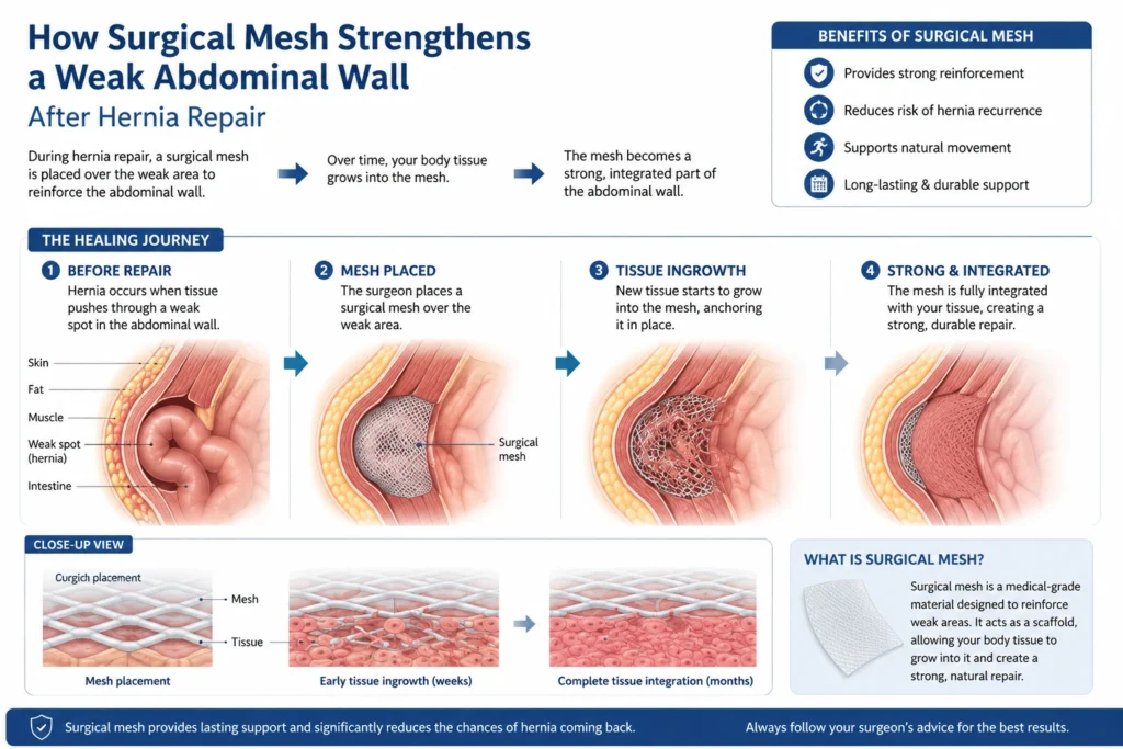 Surgical mesh strengthening the abdominal wall after hernia repair.