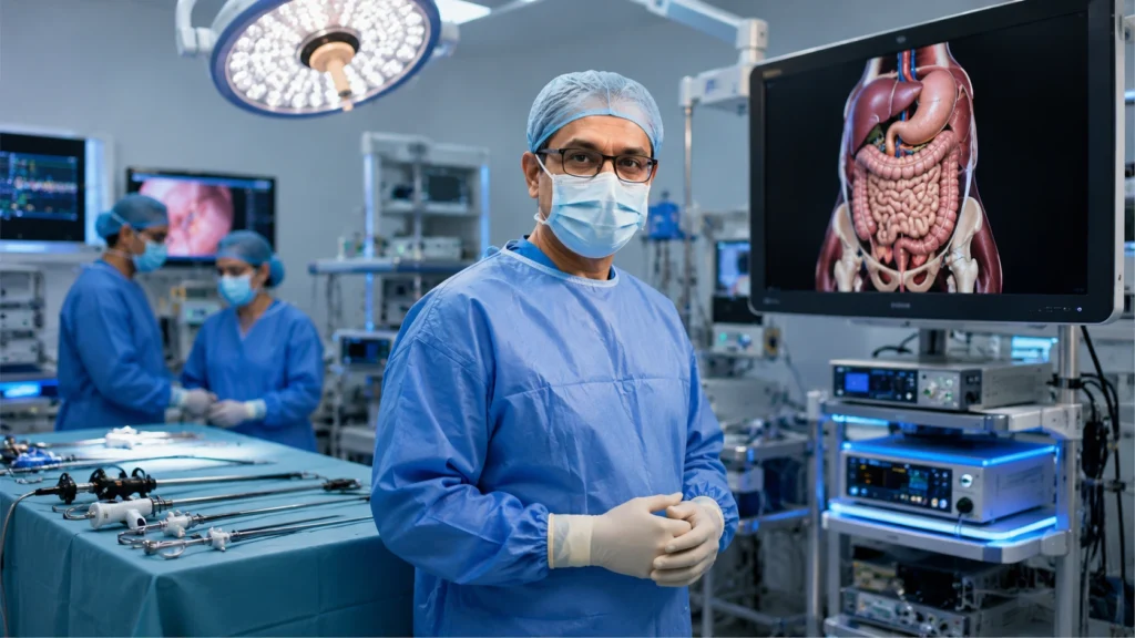 Best Laparoscopic Surgeon in Hisar preparing for advanced minimally invasive surgery in a modern operation theatre