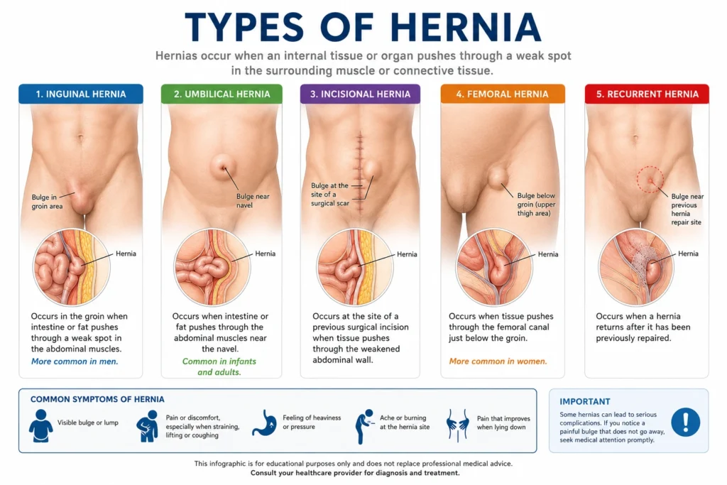 Medical illustration showing different types of abdominal hernias.