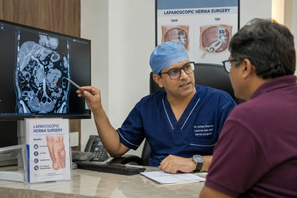 Consultation with hernia specialist before laparoscopic hernia surgery in Hisar.
