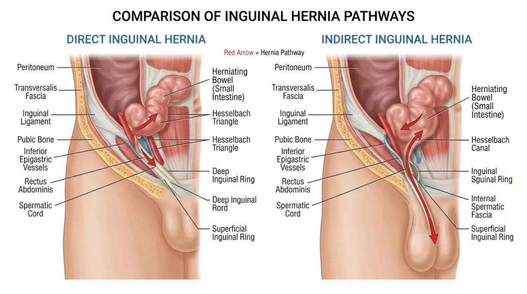 Comparison of direct and indirect inguinal hernia anatomy.