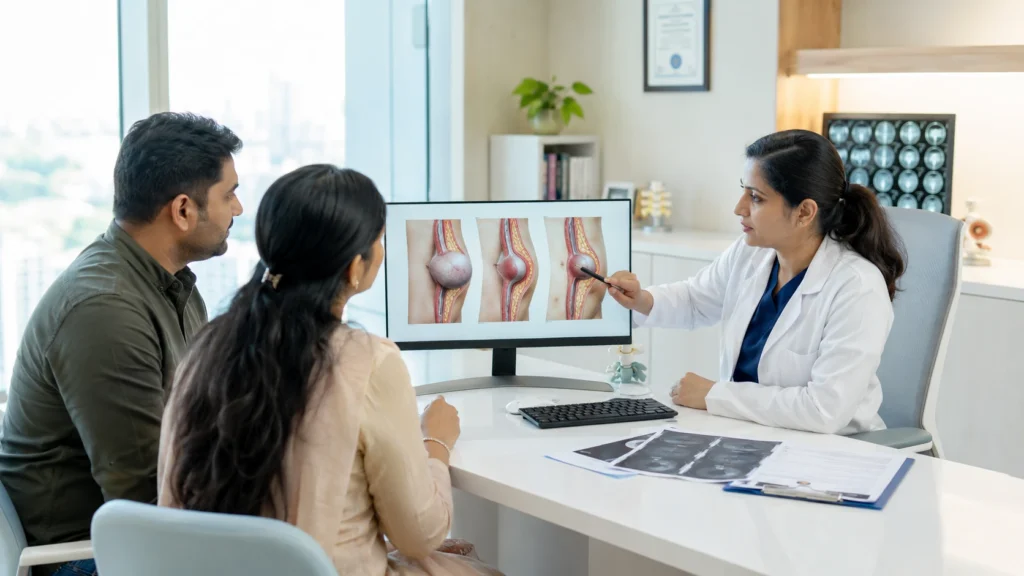 Consultation for hernia surgery in Hisar with an experienced surgeon explaining diagnosis and treatment options