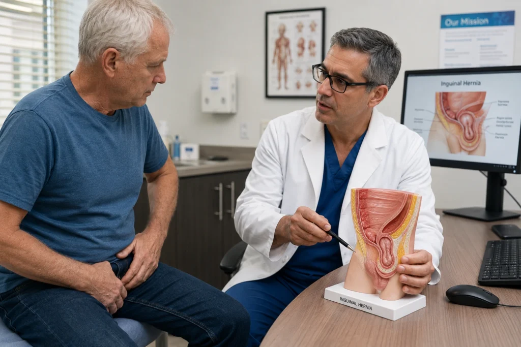 Doctor examining patient with early symptoms of abdominal hernia.