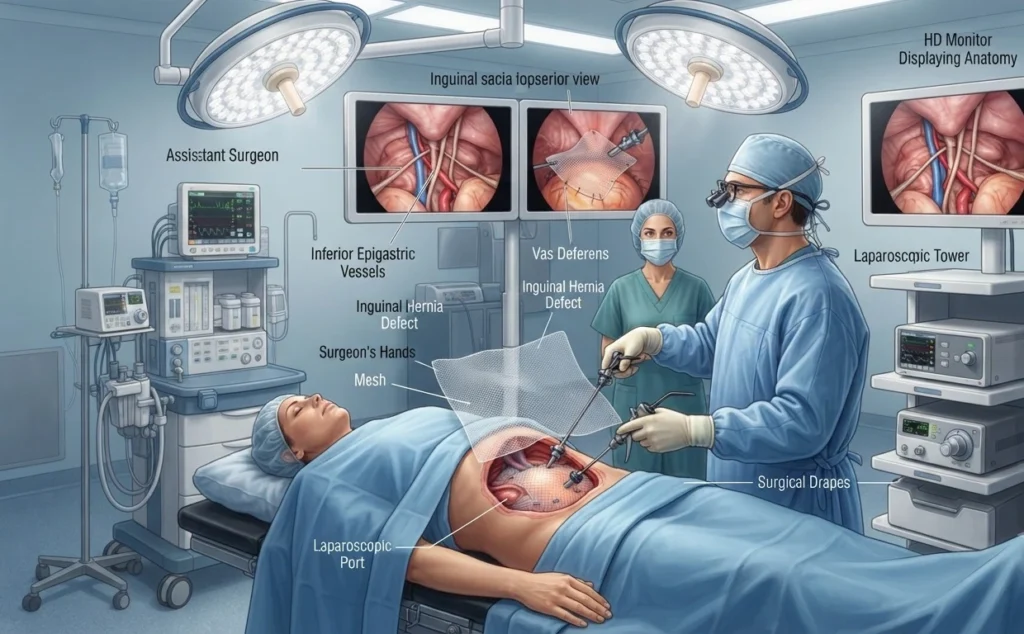 Illustration showing the laparoscopic hernia surgery procedure with mesh repair.