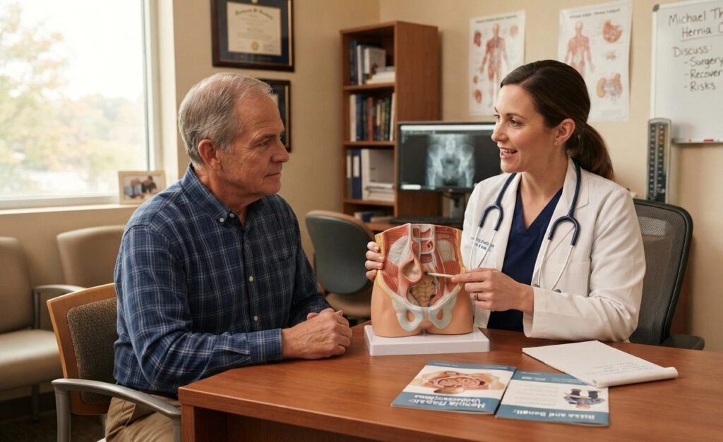 Doctor explaining hernia surgery procedure and risks during consultation.