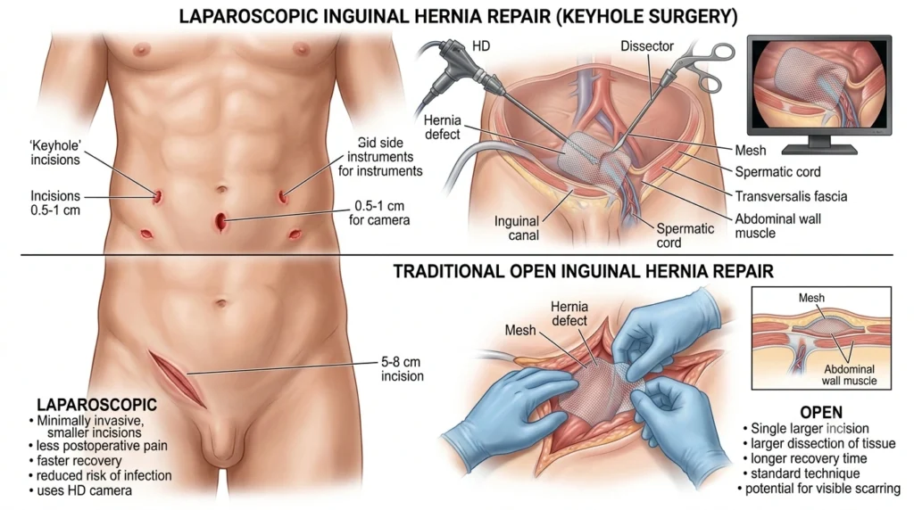  Comparison of laparoscopic hernia surgery using keyhole incisions versus traditional open hernia surgery.
