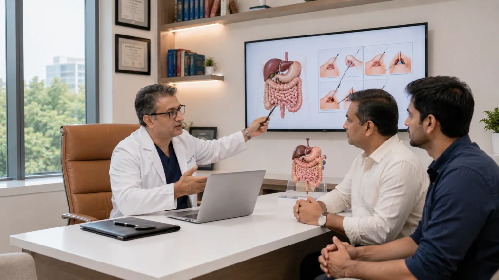 Consultation with the Best Laparoscopic Surgeon in Hisar explaining minimally invasive surgery and personalized treatment options