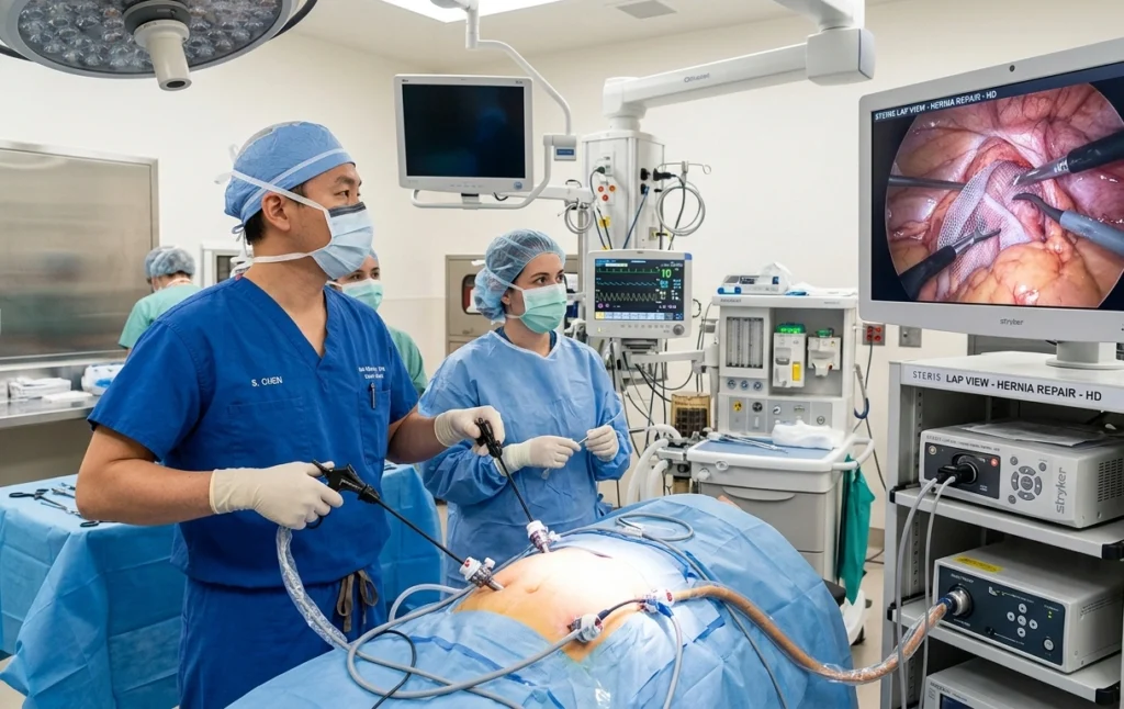 Minimally invasive hernia repair using laparoscopic surgery at Meyash Hospital in Hisar.