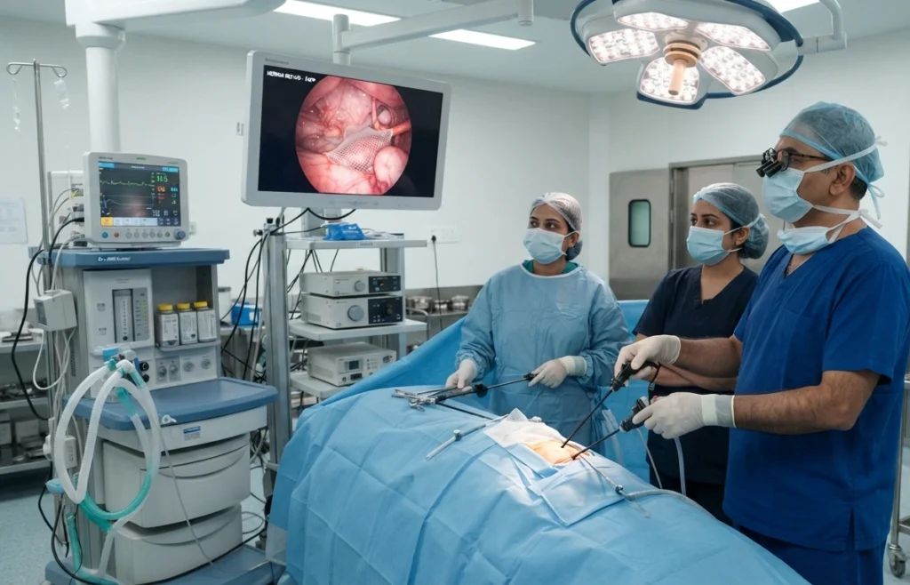 Modern laparoscopic hernia surgery in Hisar using advanced minimally invasive technology at Meyash Hospital.