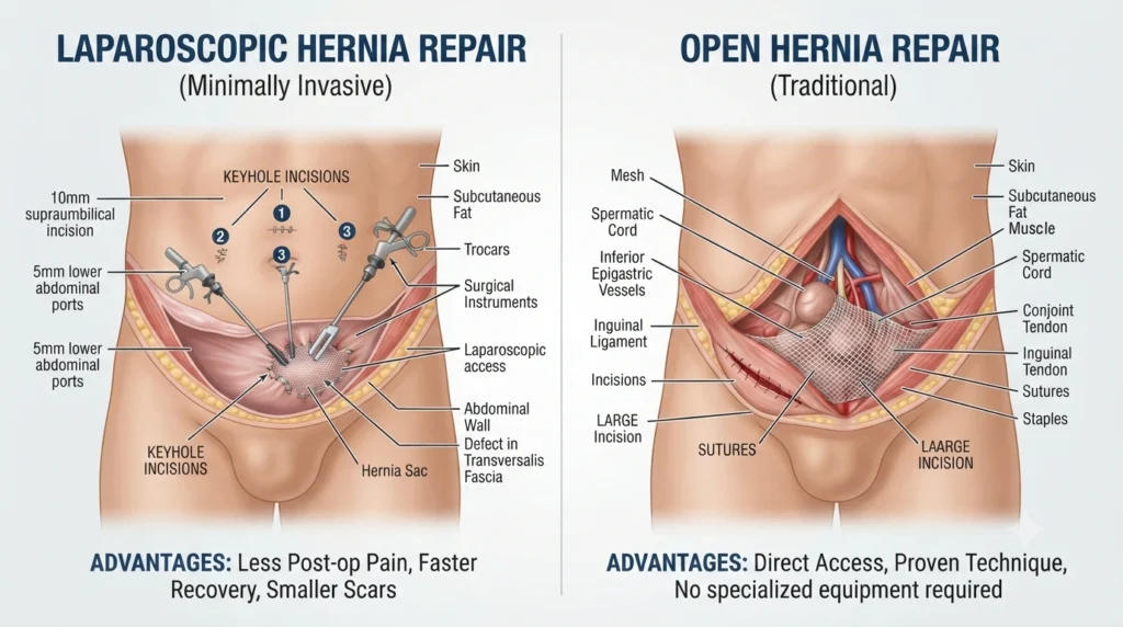 Comparison of laparoscopic hernia surgery and open hernia surgery showing smaller incisions and faster recovery.