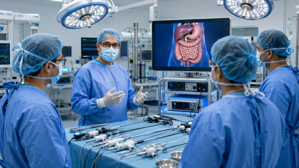 Best Laparoscopic Surgeon in Hisar preparing for advanced minimally invasive surgery in a modern operation theatre