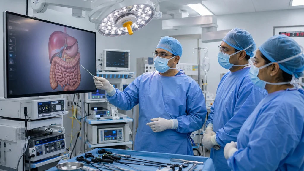 Experienced laparoscopic surgeon in Hisar preparing for advanced minimally invasive surgery in a modern operation theatre