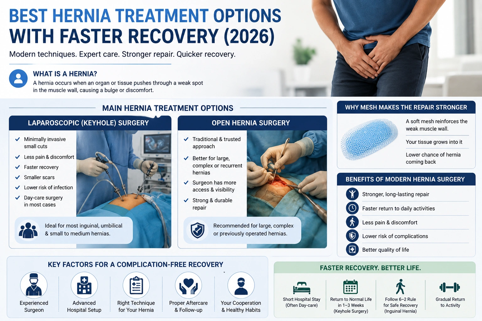 Medical illustration explaining how a hernia develops through a weakened muscle wall.