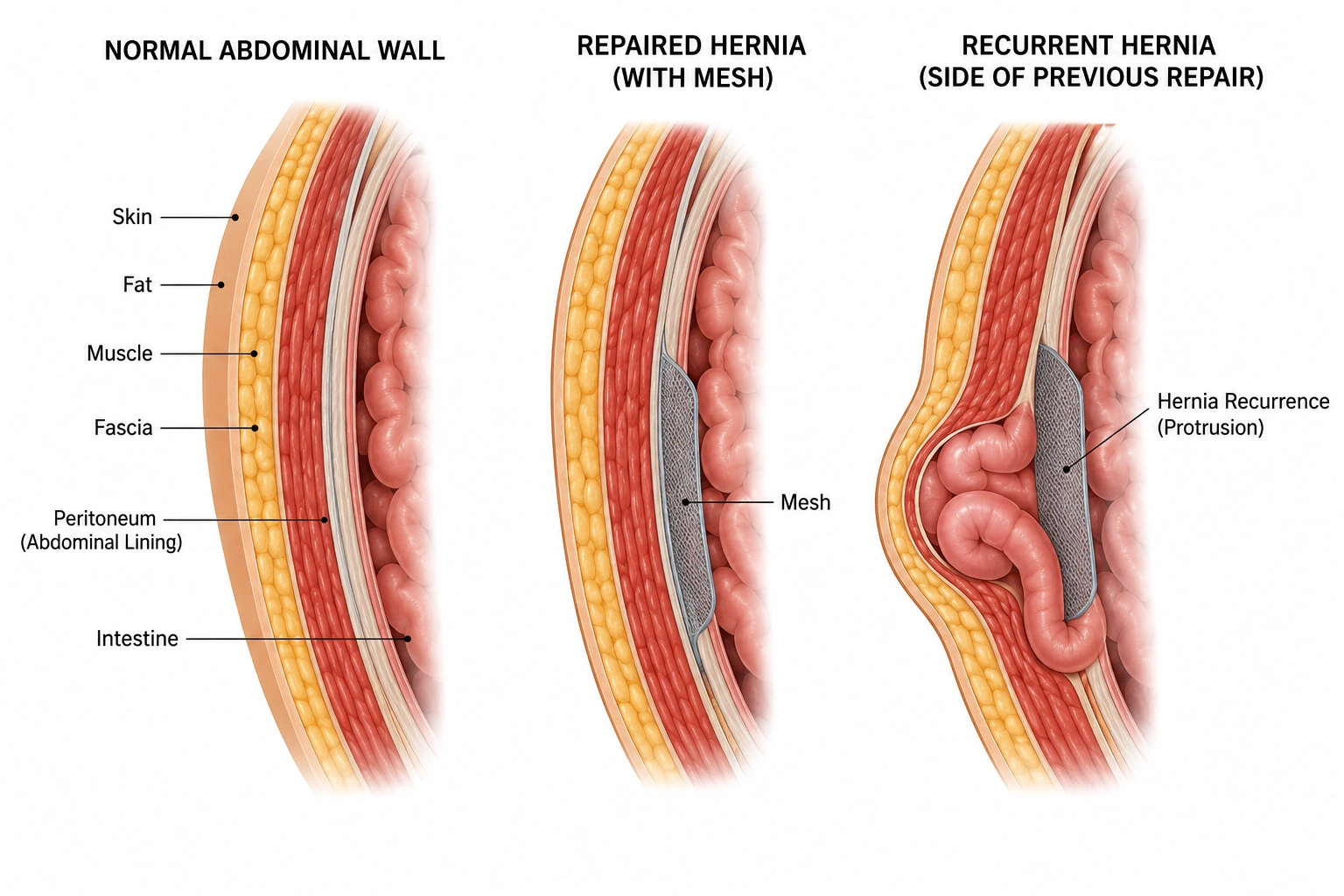Medical illustration showing how a recurrent hernia develops after previous hernia repair.