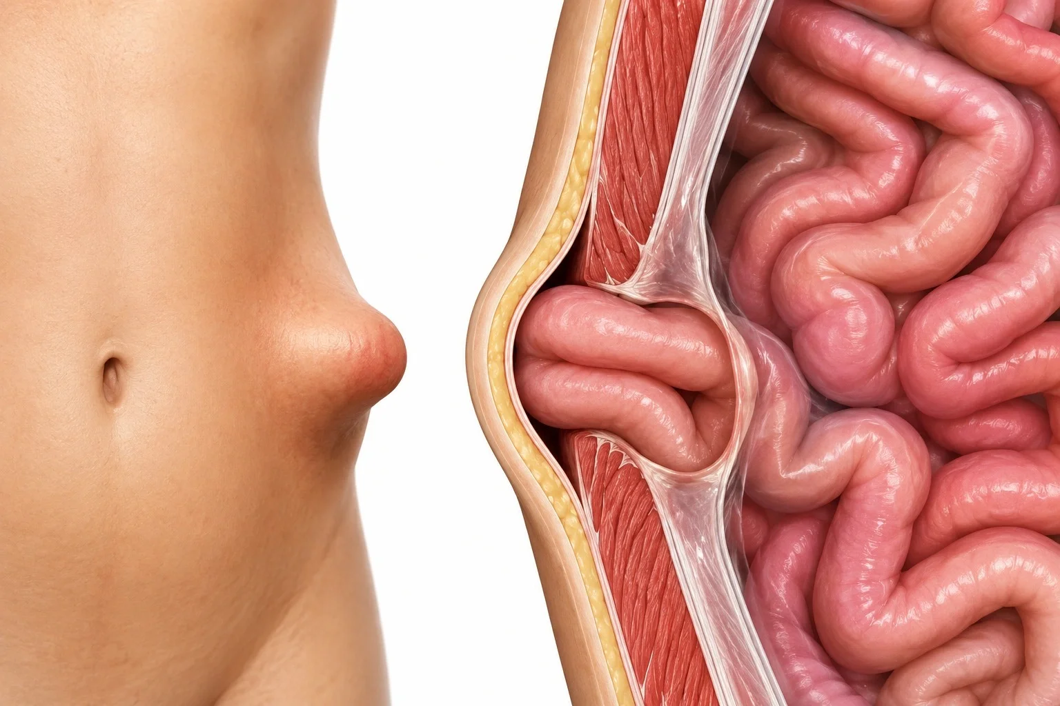 Medical illustration showing an umbilical hernia developing near the belly button.