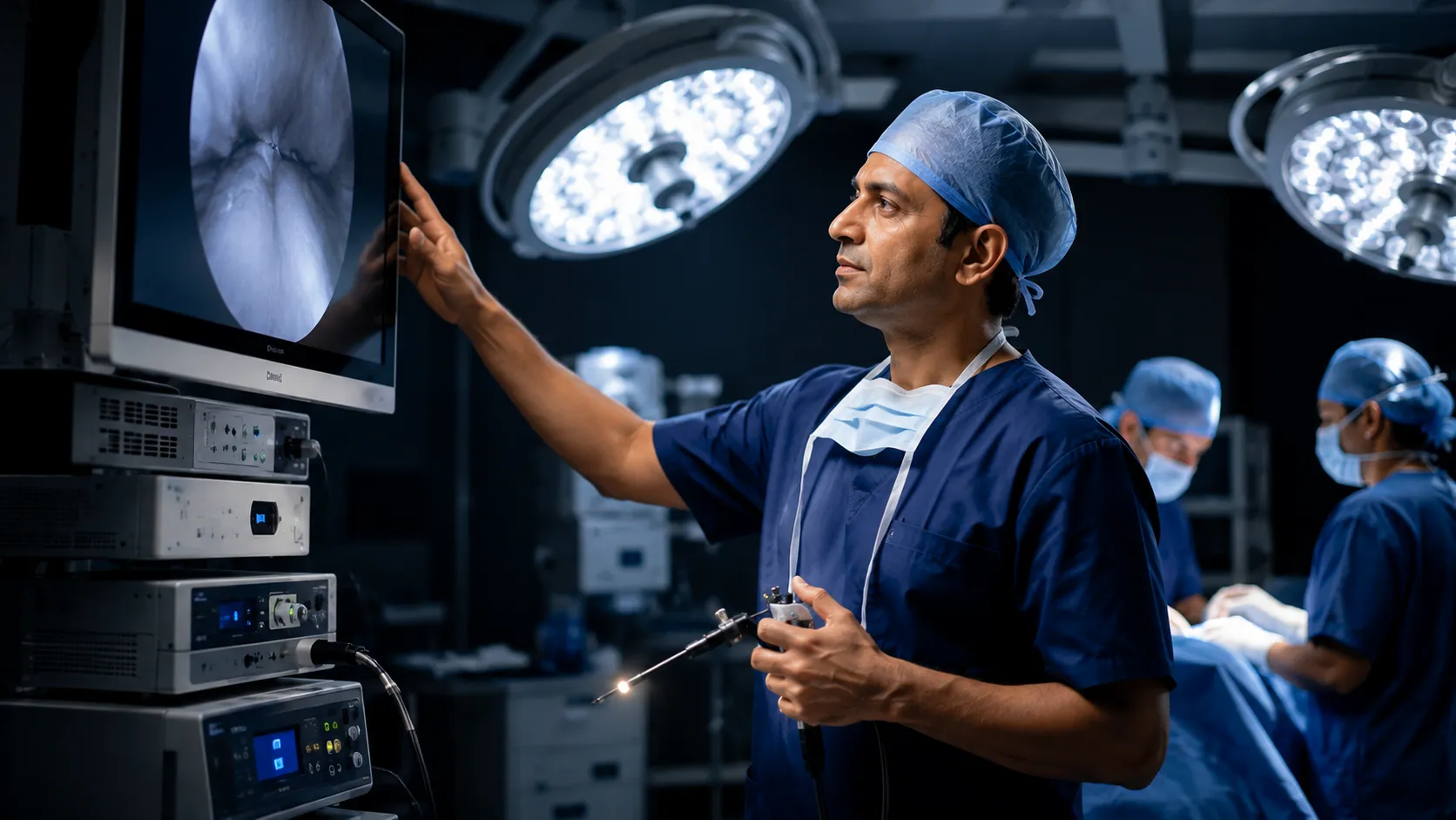 Experienced laparoscopic surgeon preparing for minimally invasive surgery in a modern operating theatre