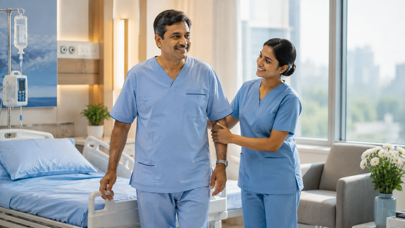 Patient beginning recovery after laparoscopic gallbladder surgery in a hospital